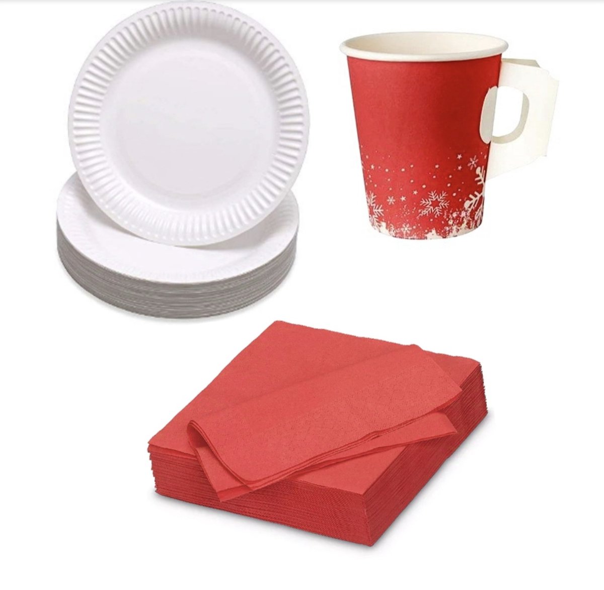 Image of 100 x Kerst Winter Kartonnen Koffiebeker 8oz 200 ml en 100 x kartonnen borden Kraft wit karton 23cm+100 papieren servetten 33x33cm /papieren bekers - drank bekers/ Wegwerp servies
