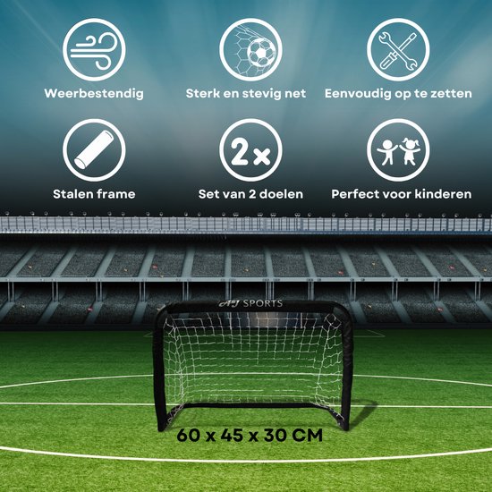 Zwart voetbaldoel met wit net, 60x45x30 cm, met icoontjes en tekst.