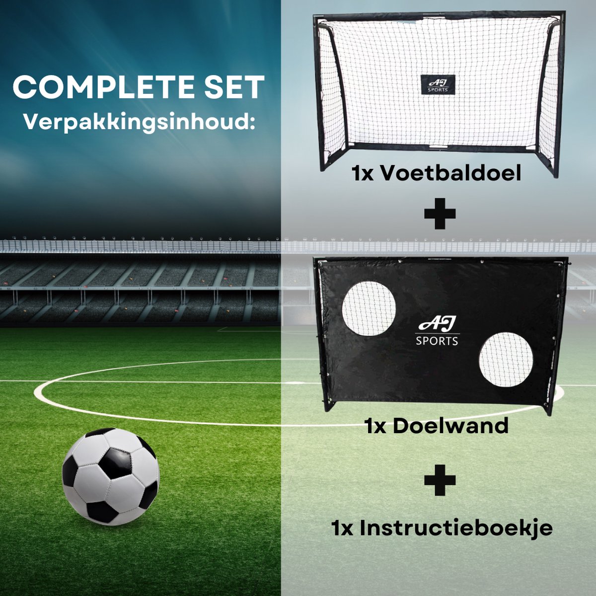 AJ-Sports Voetbaldoel met Doelwand - 180x120x60cm - Voetbalgoal - Goals - Voetbaltraining - Stalen buizen - 2 Schietgaten - Snelle montage - Zwart — afbeelding 3