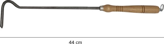 Vuurpook van 44 cm met een gebogen metalen uiteinde en een houten handvat met ophangoog.