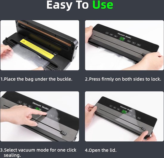 Guide étape par étape pour la machine sous vide : 1. Placez le sac sous la boucle. 2. Appuyez fermement pour verrouiller. 3. Sélectionnez le mode. 4. Ouvrez le couvercle.