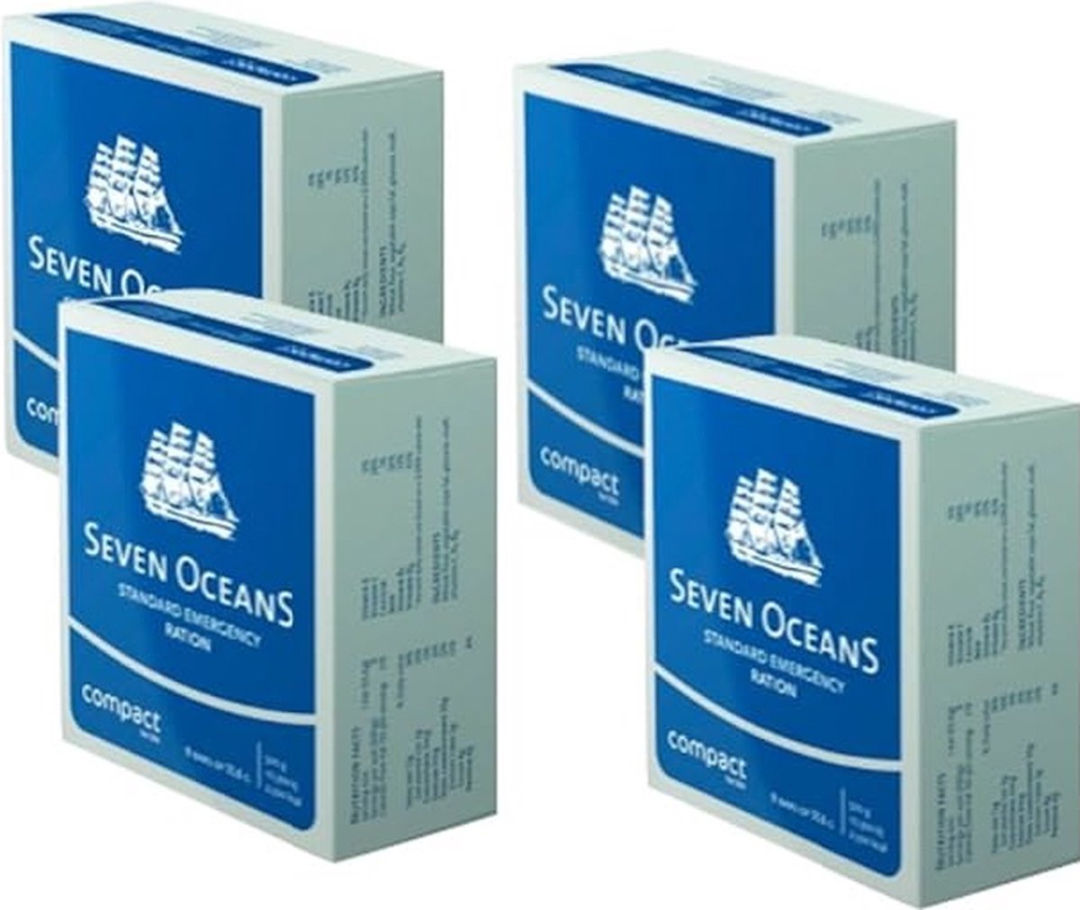 Cover van SEVEN OCEANS - THE ORIGINAL Noodpakket 4 Dozen - Noodvoeding | Survival Voeding [4 x 500g] + extra vitaminen Energierijke outdoor noodrantsoenen I Prepper en Survival voeding | 2500 Calorieën | Extreem lang houdbare noodvoorraad