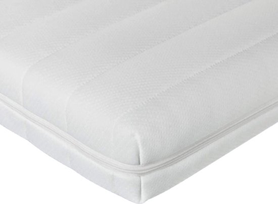 Surmatelas blanc avec fermeture éclair et lignes horizontales, sur fond blanc.