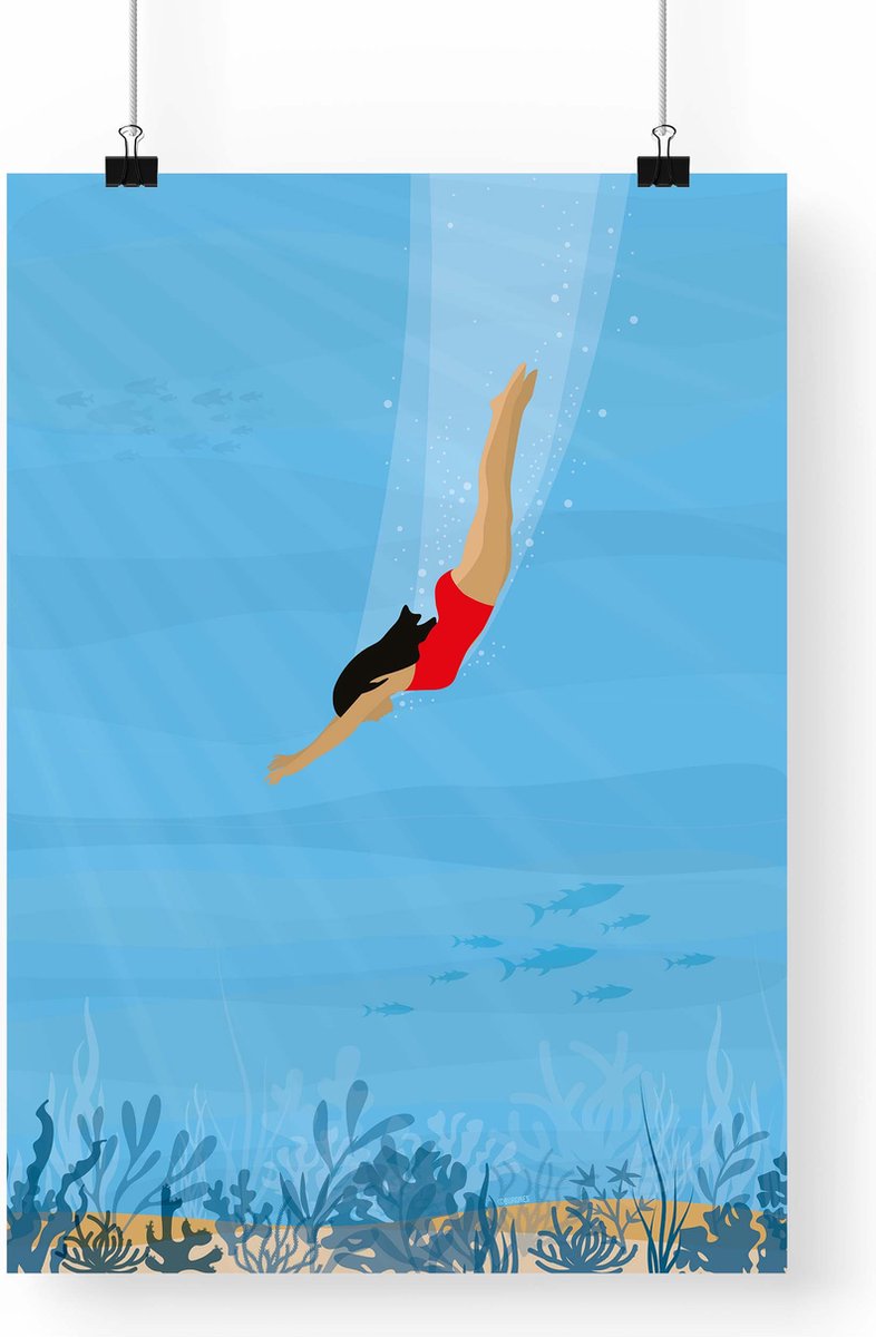 Artprint Duiken - Zwemmer illustratie in A3 formaat - Poster met duikend meisje onder water