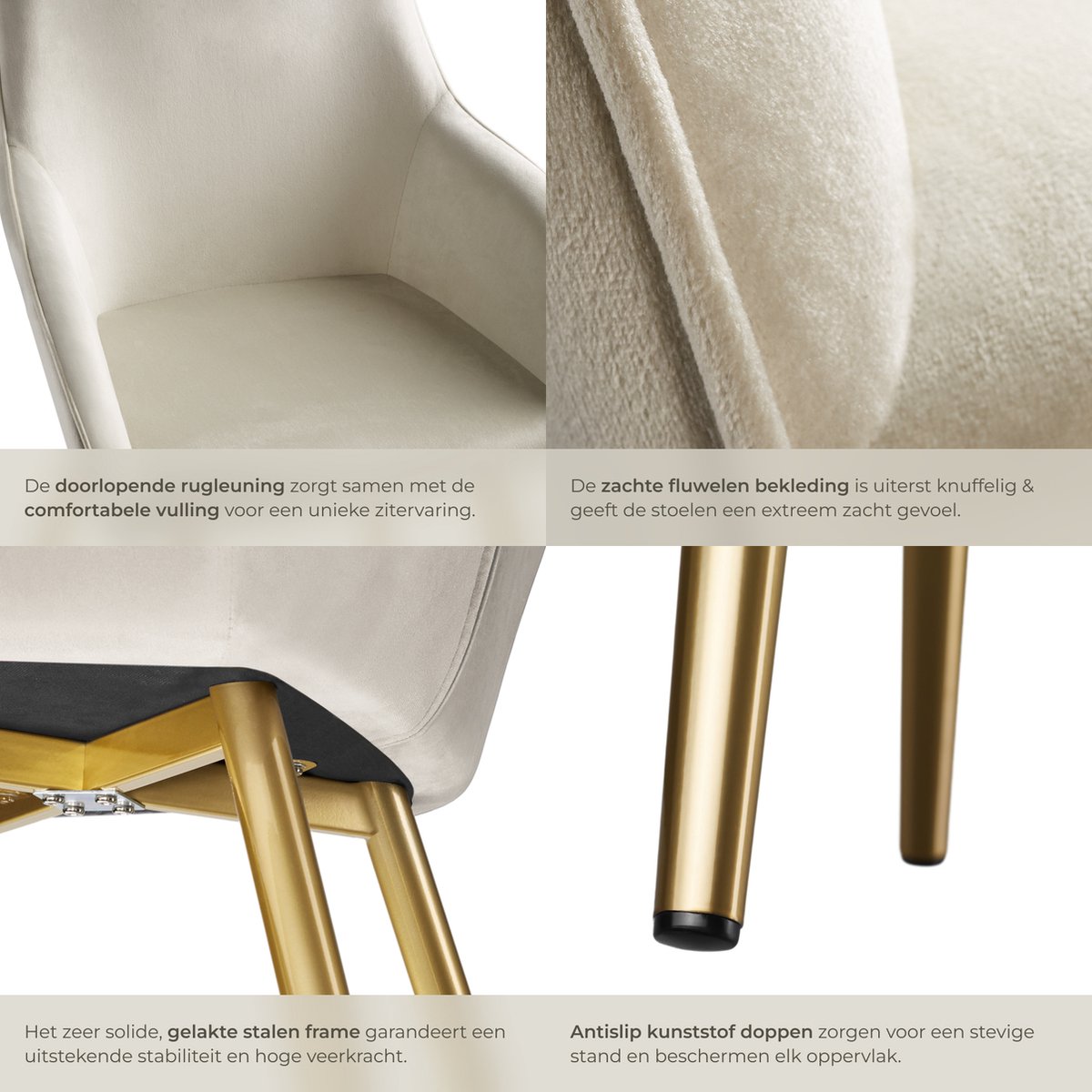 tectake® Eetkamerstoel Marilyn - Met Armleuningen - Elegante Stoel met Gevoerde Zitting in Fluweellook - Gestoffeerd - Gouden Metalen Poten - Ergonomische Keukenstoel - Stoel voor Woonkamer, Eetkamer en Slaapkamer - Creme – foto 7
