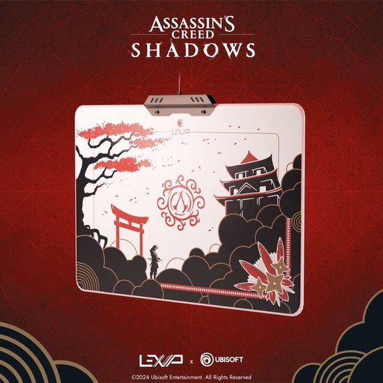 LEXIP X UBISOFT – Assassin’s Creed Shadows – Harde Gaming Muismat – 35 cm x 28 cm – Exclusief AC Shadows design – Instelbare verlichting in rand – wit, rood, zwart