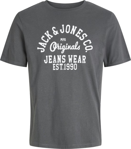 Donkergrijs T-shirt met ronde hals van Jack & Jones met witte cirkelvormige opdruk 'JACK & JONES ORIGINALS JEANS WEAR EST.1990'.