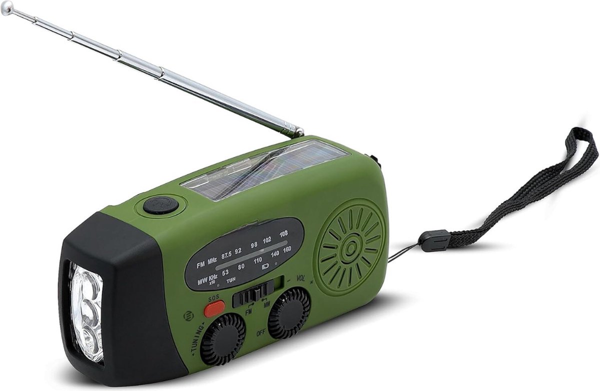 Noodradio - Noodradio Opwindbaar - FM/MW Radio met Zwengel - Draagbare Radio met Zonne-powerbankfunctie - 2000 mAh Batterij - LED-Zaklamp met Dynamo - Radio met SOS-knop - Geschikt voor Huis en Camping