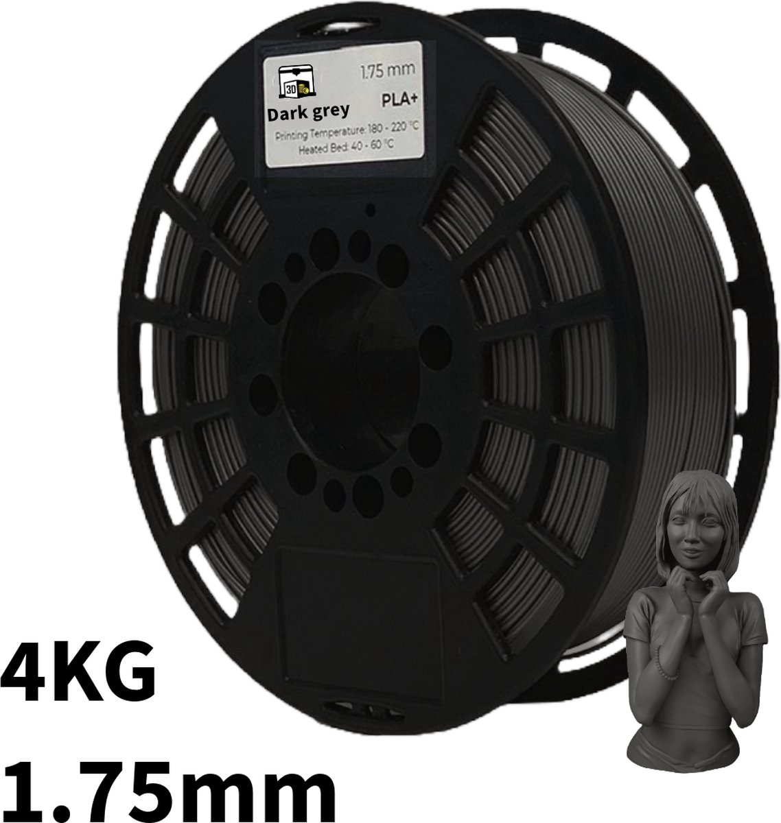 Grijs PLA+ 4kg 3D Printer Filament 1.75 mm - Hoge Kwaliteit en Duurzaam - Compatibel met Creality, Bambu Lab, Esun en Andere 3D Printers - Voor 3D Printen van Prototypes, Modellen, Accessoires - voor Professioneel en Thuisgebruik