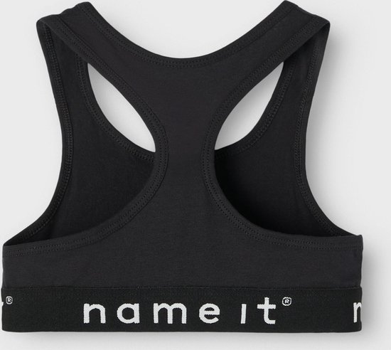 Zwart sporttopje van 'name it' met racerback en band met witte tekst.