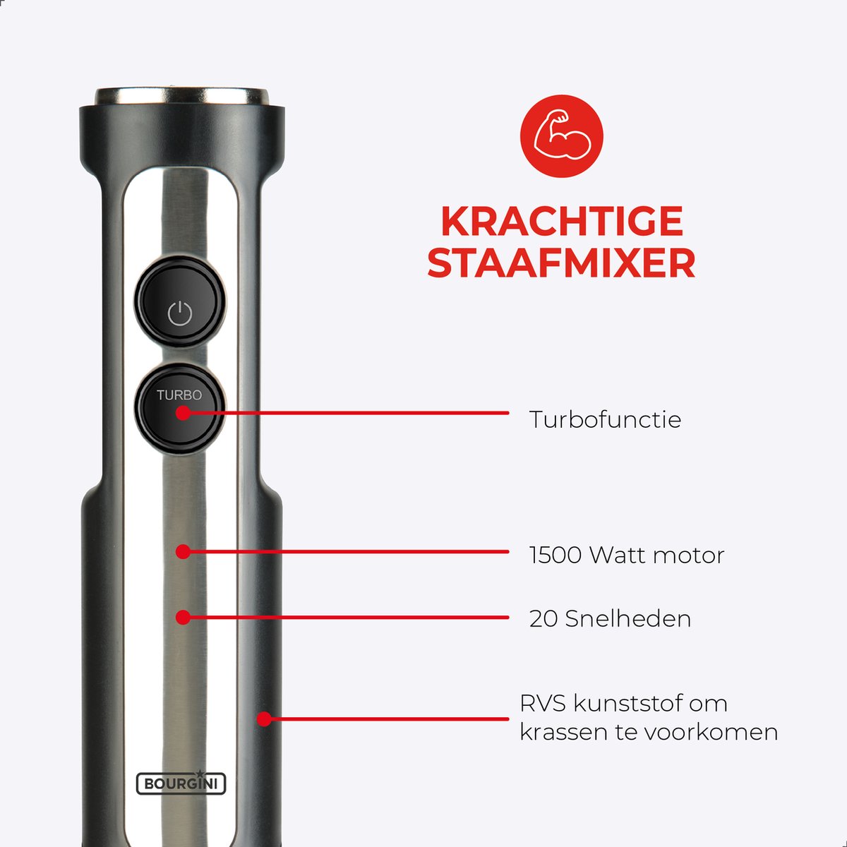Bourgini Staafmixer - 4-delige Krachtige RVS Staafmixer set -20 snelheden - Garde - Hakmolen 600ml - Maatbeker 800ml - 1500W – foto 5