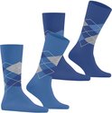 Drie paar blauwe Burlington sokken met grijs en donkerblauw ruitpatroon.