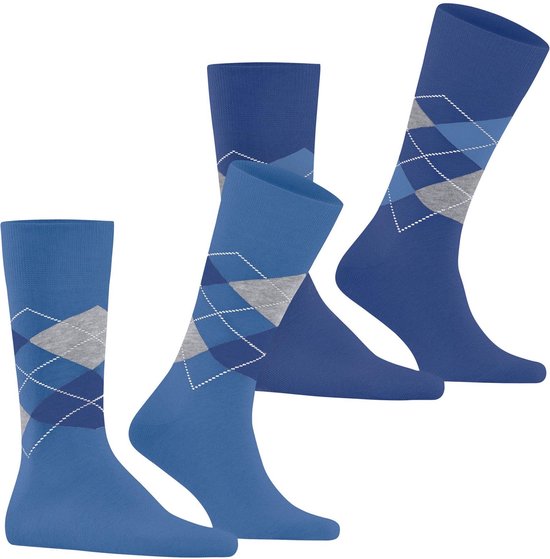 Drie paar blauwe Burlington sokken met grijs en donkerblauw ruitpatroon.