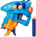Blauwe Nerf NanoFire blaster met oranje details en twee blauwe pijltjes.