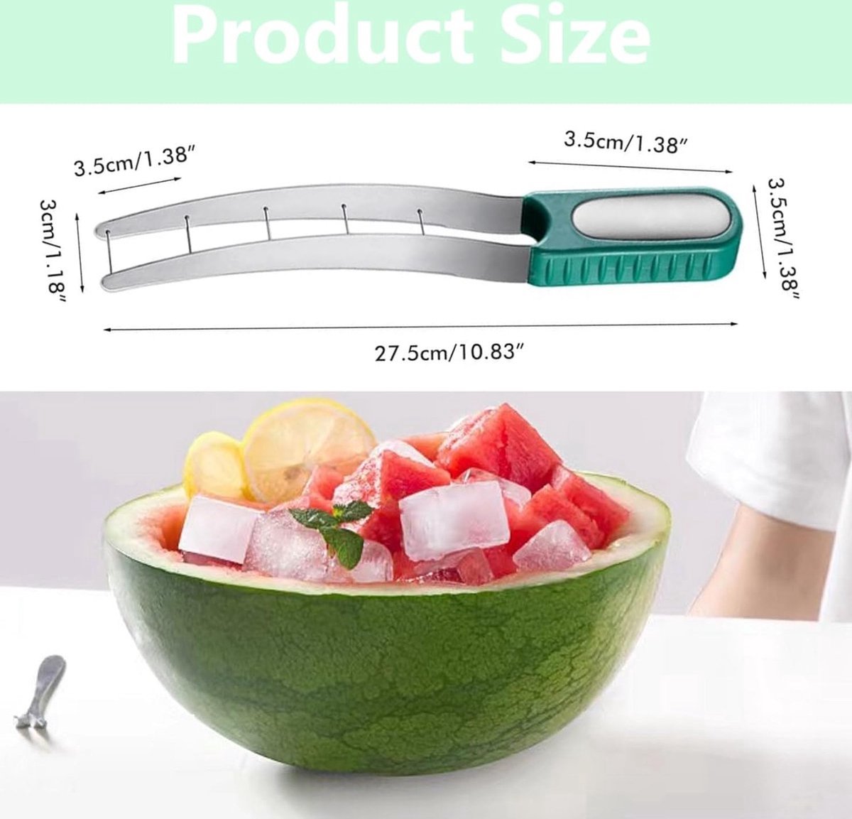 Meloensnijder, roestvrij staal, watermeloensnijder, multifunctioneel fruitmes, meloenen, kubusjes, watermeloenmes, fruitsnijder voor drakenvruchten, cantaloupe