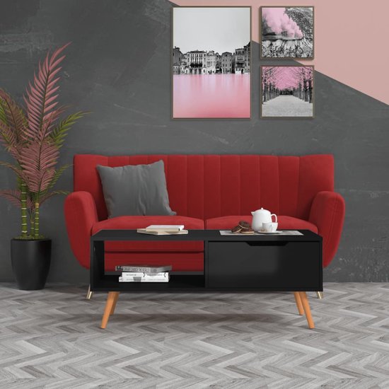 KAZZIO hoogglans salontafel, tafel met 4 laden, unieke kleurcoördinatie en lijnendesign, opbergruimte onderaan, 78x78x34,8 cm (wit en houtkleur