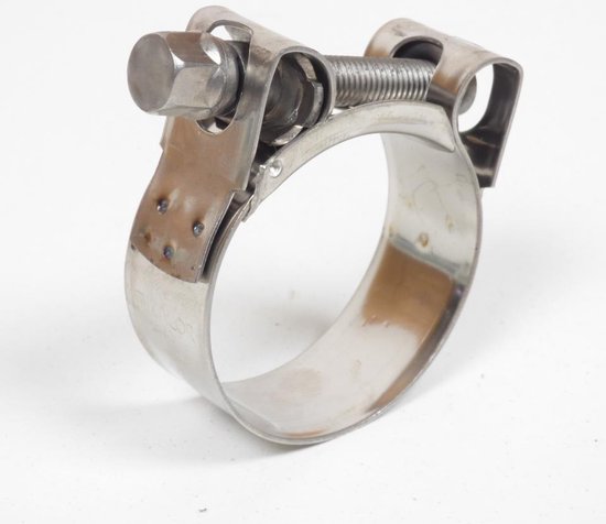 Collier d'échappement en métal argenté avec boulon et écrou, avec un ressort en bas.