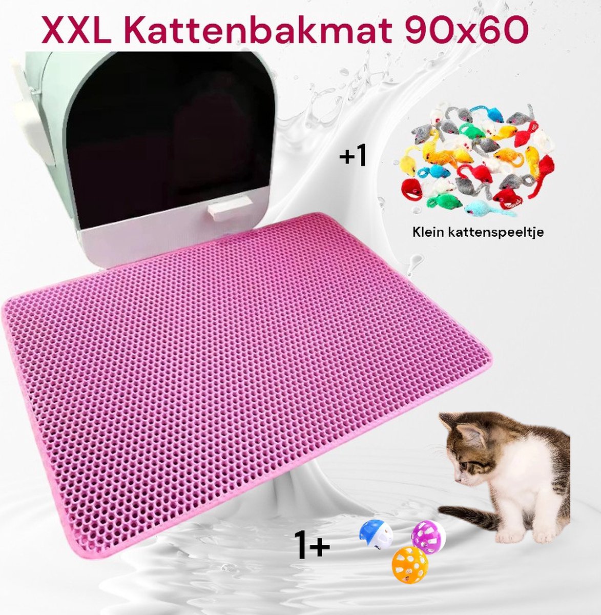 Kattenbakmat, XXL, 60x90 cm, Kattenbakmat Grit Op-vanger, Kattenbakonderlegger, Dubbel laags, Urine En Waterdicht EVA-Materiaal, Kattenpootdesign, Beschermt Vloer En Tapijt, Gemakkelijk Te Reinigen, Roze