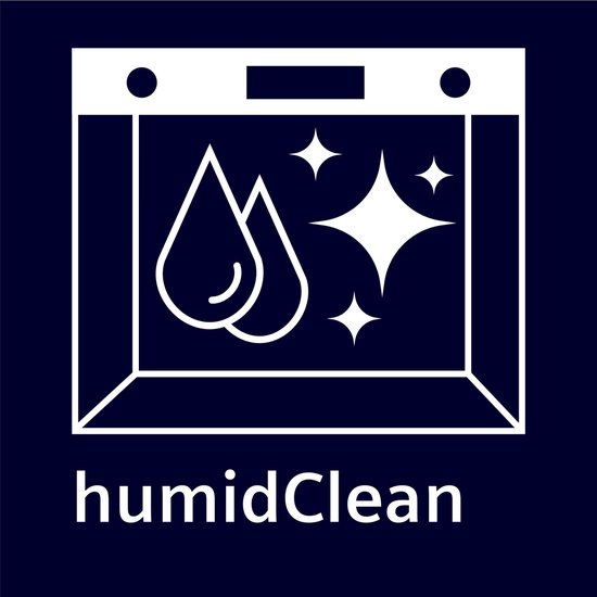 Logo met "humidClean" tekst, met een gestileerde vaatwasser met druppels en sterren.