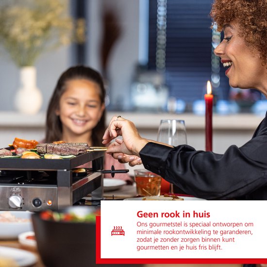 Moeder en dochter gourmetten aan een tafel, met tekst 'Geen rook in huis'.