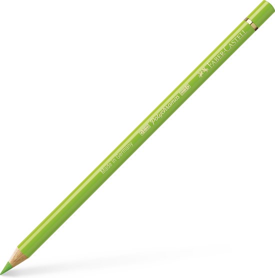 Un crayon Faber-Castell Polychromos vert clair avec un accent doré.