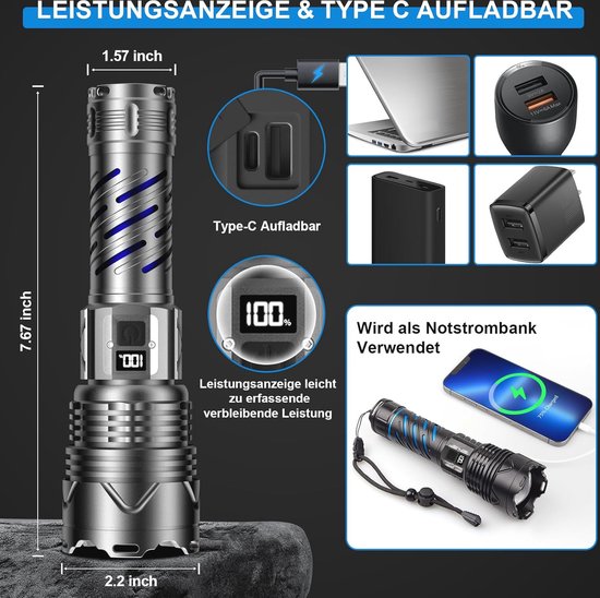 Cette Lampe Torche Tactique LED Haute Puissance Est Ultra Lumineuse Zoomable Rechargeable Et Etanche Elle Dispose De 5 Modes Eclairage Et Est Eq 99224613