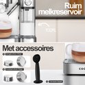 Zilverkleurige COOK espressomachine met melkreservoir van 700ML en accessoires: single shot filter, dubbel shot filter, tamper.