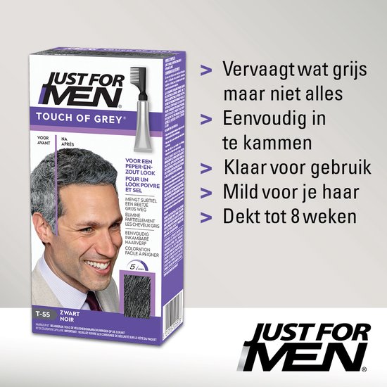 Verpakking Just For Men Touch of Grey T-55 Zwart, met voordelen zoals 'mengt subtiel grijs'.