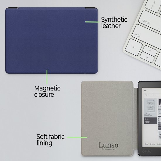 Lunso Geschikt voor Kobo Aura H20 Edition 2 hoes (6.8 inch) - sleepcover - Donkerblauw - (niet voor de Kobo Aura edition 2) van Lunso — afbeelding 4