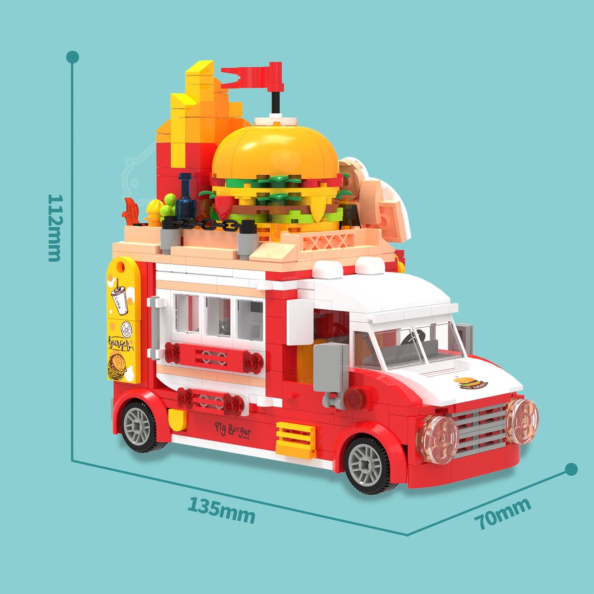 Zhe Gao 663006 Pork Hamburgertruck | City & Friends Adventure | Retro food truck | Classic Creator STEM speelgoed bouwpakket | niet compatibel met lego mega bloks | Kermis & Pretpark Auto Foodtruck modelbouw kinderen & volwassenen | 566 bouwstenen — afbeelding 4