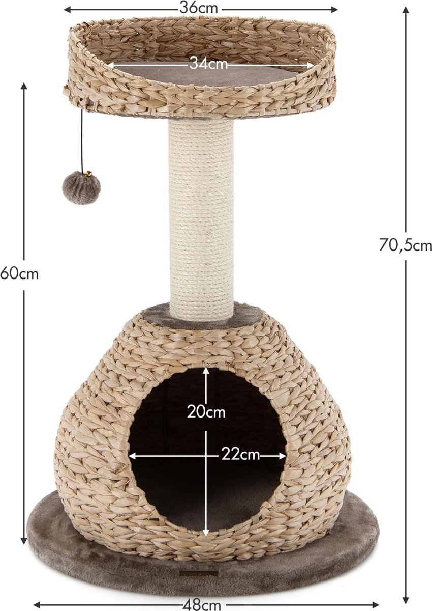 Kattenboom met hol, diameter 48 x 70,5 cm, kattenkrabpaal van hout, kattenkrabpaal klein, kattenmand, kattenmeubel, kattenhuis, klimboom van buiszuigerpluis