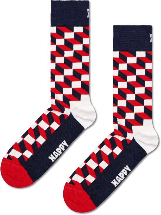 Blauwe sokken met optisch blokpatroon in rood, wit en blauw. Rode hiel.