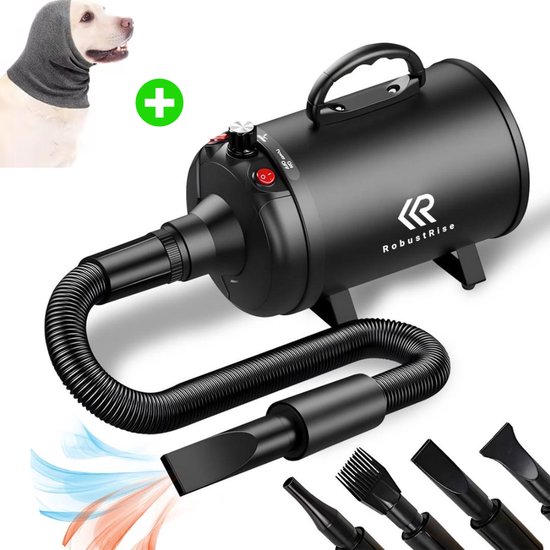 RobustRise Ultra Hondenfohn - 3800W - Zwart - Verstelbaar Vermogen - Waterblazer voor Honden - Hondenfohn met 4 Opzetstukken - Stil Design met geluidsdemper