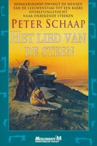 Boekomslag met de titel 'Het lied van de steen' van Peter Schaap. Afbeelding van twee inheemse figuren op een rots, met een zonsondergang op de achtergrond.