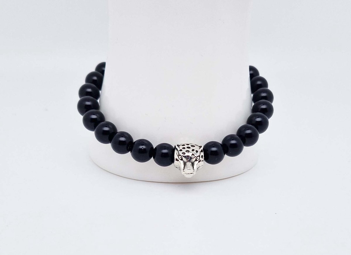 Handgemaakte natuursteen armband met Metalen vorm - Model 15 - "Obsidian" -8 mm diameter van de korrel- Diameter armband 20 cm - Een mooi cadeau voor familie en vrienden