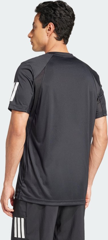 Zwarte adidas sportshirt voor heren met 3-strepen op de mouwen, achterkant zichtbaar.