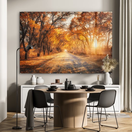 MuchoWow® Peinture sur verre 150x100 cm - Peinture sur verre acrylique - Forêt - Automne - Arbres - Chemin forestier - Nature - Photo sur verre - Décoration murale salon - Décoration murale chambre - Peintures