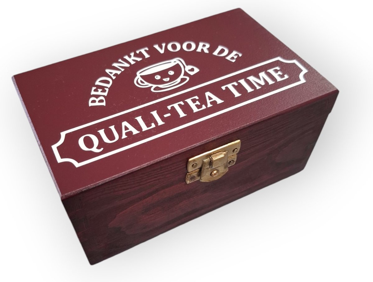 houten theedoos rood bedankt collega afscheid bedankje compleet cadeau inclusief thee QUALITIY TIME ( quali tea time ) kado cadeautje