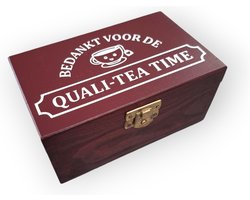 houten theedoos rood bedankt collega afscheid bedankje compleet cadeau inclusief thee QUALITIY TIME ( quali tea time ) kado cadeautje