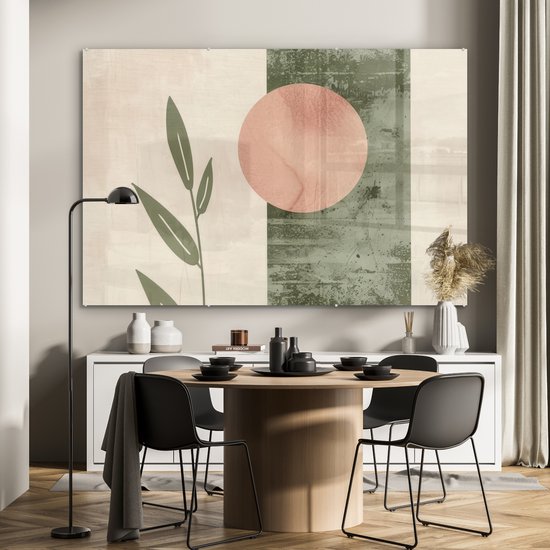 MuchoWow® Glasschilderij 150x100 cm - Schilderij acrylglas - Geometrisch - Roze - Groen - Natuur - Foto op glas - Muurdecoratie woonkamer - Wanddecoratie slaapkamer - Schilderijen