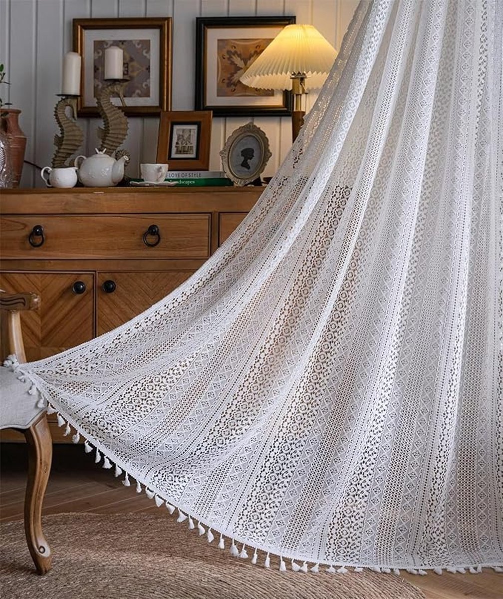 Boho gordijnen voor woonkamer vintage kwastje haak kanten gordijnen panelen voor slaapkamer raam boerderij retro holle pure gordijnen, 59 "w × 63" l （150 cm x160cm））-Wit
