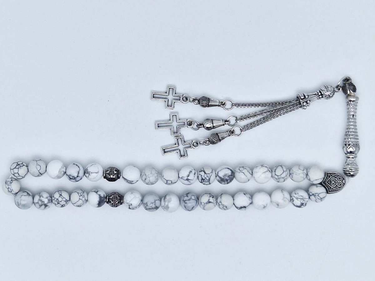 Handgemaakte tesbih klassiek - "Tasbih" natuursteen "Howlite Wit" - Aantal kralen 33 - Diameter kralen 8 MM - met metaal tassel "Kruis" - Een mooi cadeau-idee