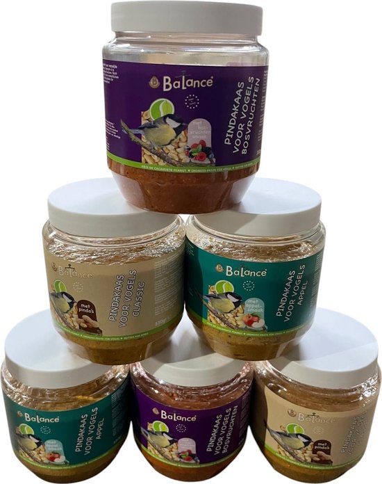 Vogelpindakaas Smulsensatie 6x | 2x Klassiek + 2x Bosbessen + 2x Klassiek Appel | Universele Plastic Potjes | Vogel Pindakaas