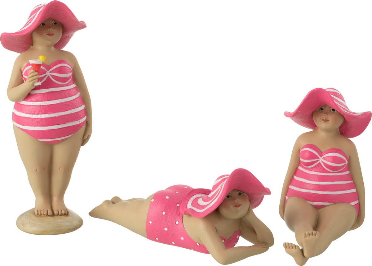 figuur Stranddame Hoed - polyresin - roze - 3 stuks