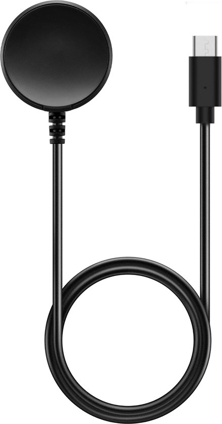 Zwarte ronde smartwatch oplaadkabel met USB-C.