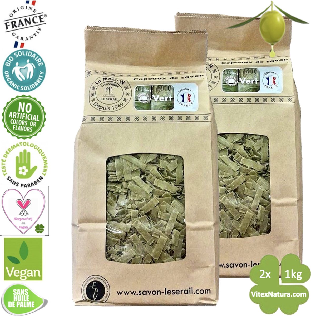 Goedkoopste Marseille zeepvlokken Olijf olie | 2x 1kg | Ecologisch en Milieuvriendelijk | Le Serail | Multifunctioneel | Puur natuur