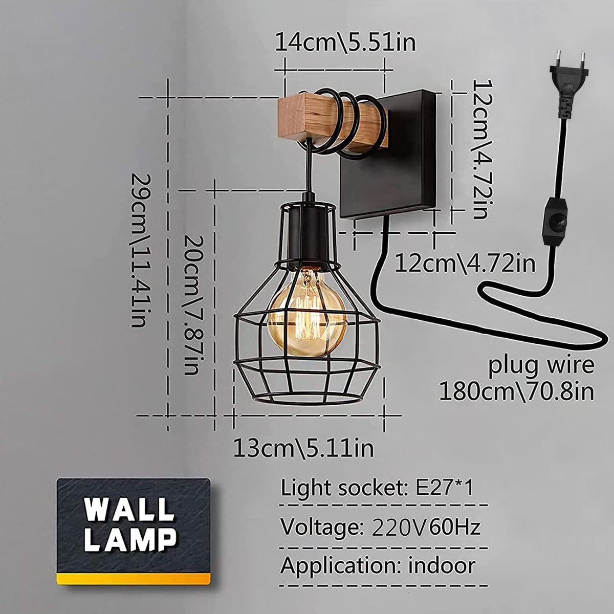 Wandlamp Binnen Dimbare Vintage Wandlamp Zwart Industriële Retro Lamp E27 van Metaal en Hout met Schakelkabel en Stekker voor Trappenhuis Slaapkamer Restaurant Woonkamer