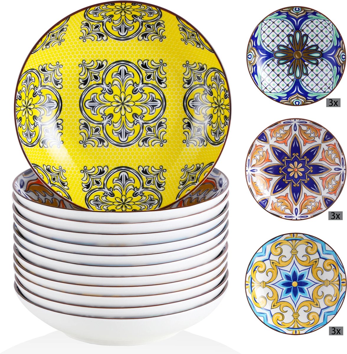 Vancasso Soepborden 12 stuks - Serveerborden - Tafelgerij - Porseleinen Soepbord Set - Aladin stijl - 21Cm 700Ml Soepbord - Cadeau Tip - Kleurrijk