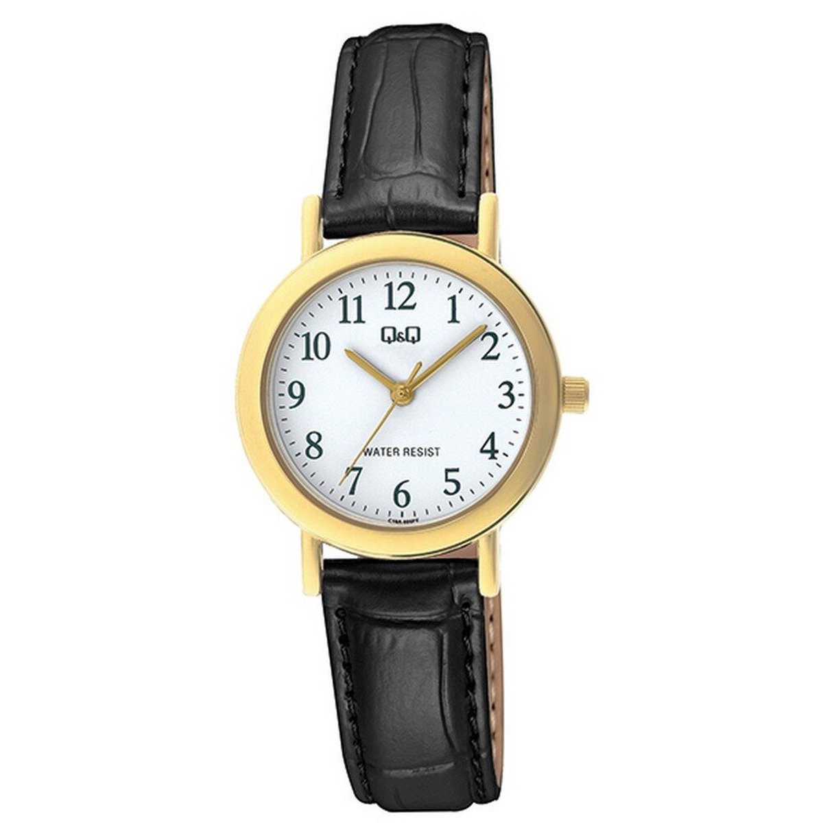 QQ C18A-005PY - Horloge - Analoog - Vrouwen - Dames - Leren band - Rond - Metaal - Cijfers - Zwart - Goudkleurig - Wit