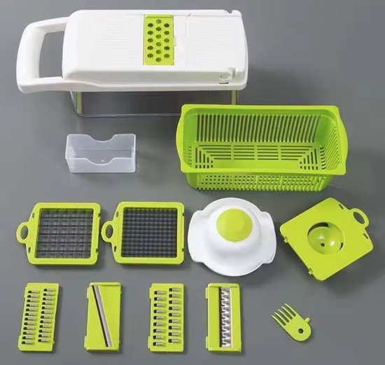 PolkaHome Coupe-légumes, Coupe-légumes 13 en 1, Coupe-légumes avec 7 lames interchangeables, Hachoir à légumes pour pommes de terre, carottes et oignons, Wit